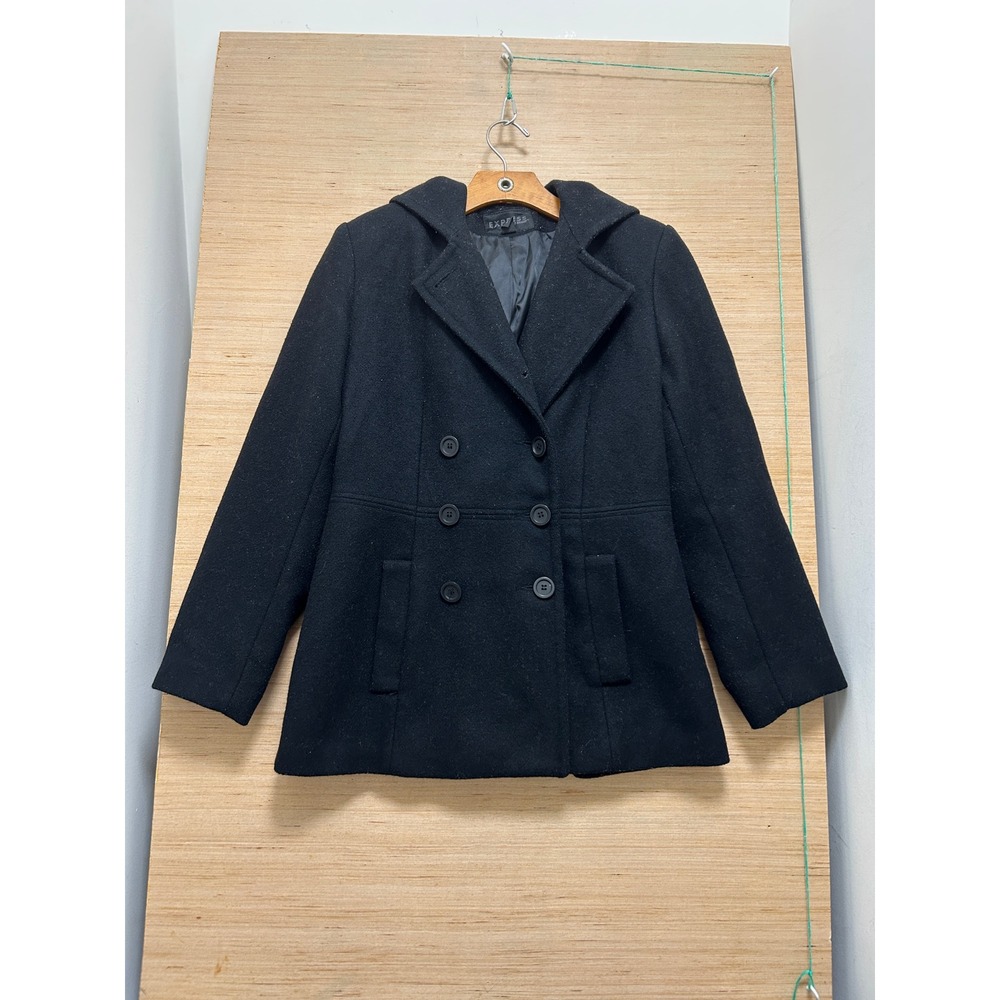 Express Womens Black Double Breasted Hooded Pea Coat Jacket Size 5/6